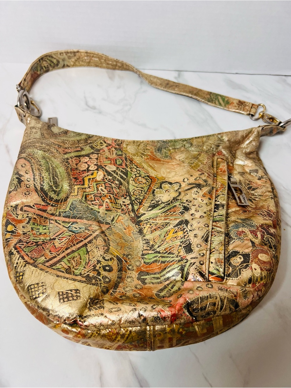 Vintage Bags by Pinky Leather Hobo Bag Metallic Abstract Mosaic Y2K USA